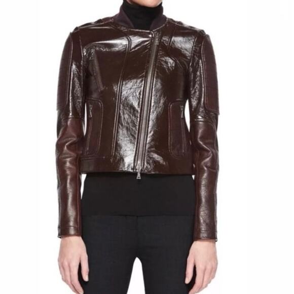 THEORY Shezi Polished Moto Lambskin Leather Jacket Brown - Sz XS - Picture 1 of 9